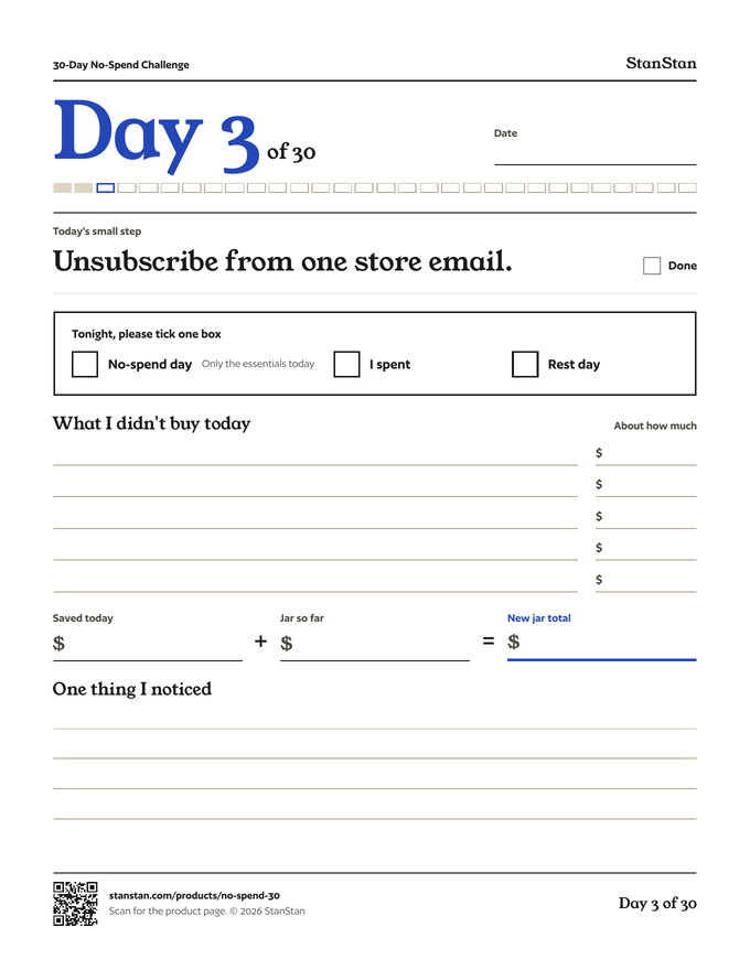Day 3 page: unsubscribe from one store email, with a no-spend checkbox and savings tally
